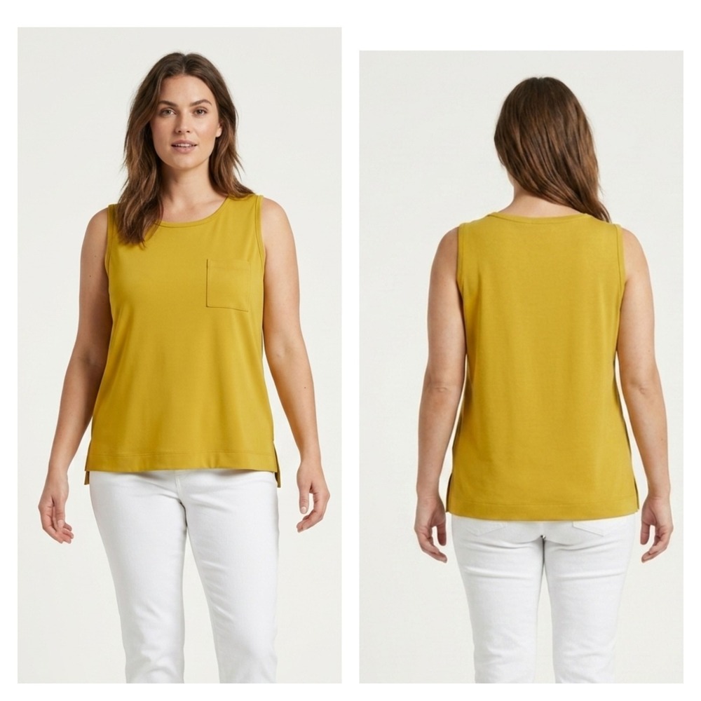 Ann Taylor Factory Tank Top Womens XL Yellow Single Chest Pocket Round Neck